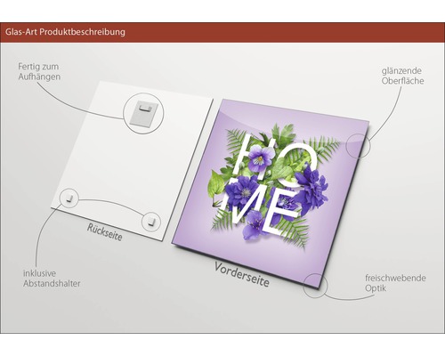 Image en verre avec motif floral et l''inscription Home, avec entretoise et dispositif de suspension