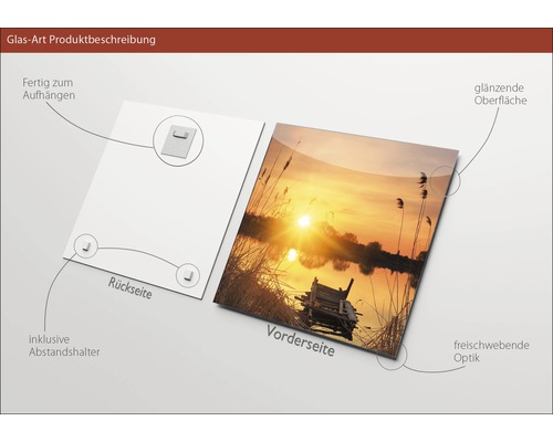 Description du produit photo en verre: Dos avec suspension et entretoise, devant avec surface brillante et aspect flottant