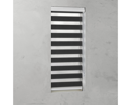 Fenster mit einem schwarzen Doppelrollo zur Lichtregulierung