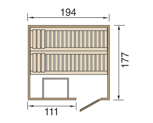 Skizze einer Sauna mit Maßangaben