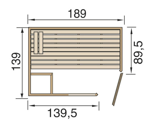 Grundriss einer Sauna mit Massangaben.