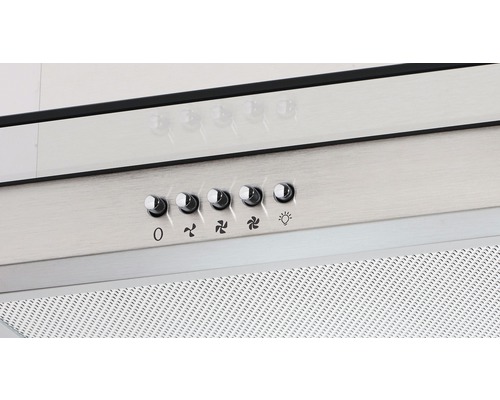 Bedienfeld einer Dunstabzugshaube mit mehreren Knöpfen zur Steuerung von Gebläsestufen und Beleuchtung