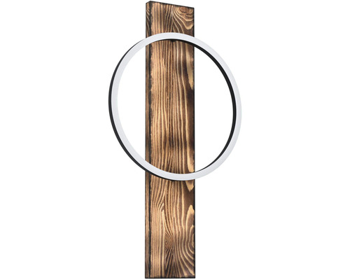 Wandleuchte mit Holzsockel und ringförmigem Leuchtmittel