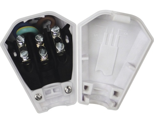 Offene, weisse Steckergehäuse mit Schraubklemmen