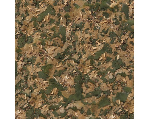 Nahaufnahme von Fischfutterflocken mit Insekten und Pflanzenbestandteilen