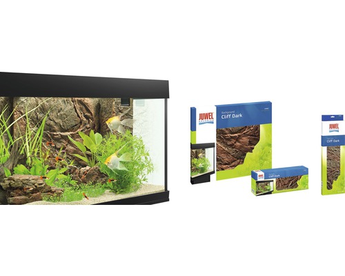 Aquarium avec paroi arrière rocheuse Cliff Dark et emballages du produit