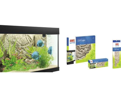 Dekoriertes Aquarium mit Felsenrückwand und Produktverpackungen für eine Aquariumrückwand