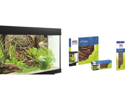 Aquarium mit Juwel Cliff Dark Rückwand und Produktverpackung.