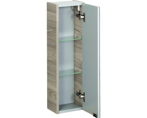 Armoire de salle de bain ouverte avec deux étagères en verre