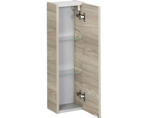 Armoire suspendue ouverte avec motif bois et deux étagères en verre pour la salle de bain