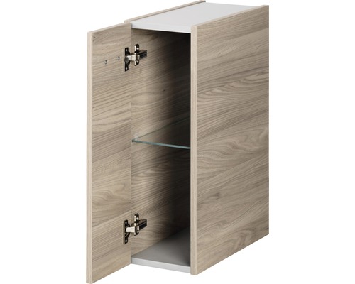 Offener Hängeschrank mit Holzmuster, ausgestattet mit einem Glasboden