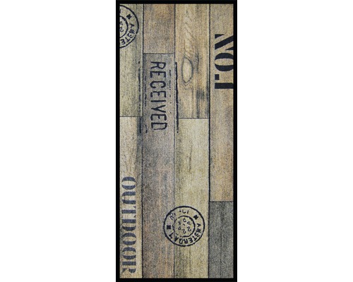 Fussmatte mit Holzoptik und Aufdrucken für den Aussenbereich