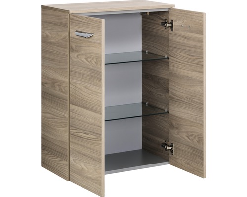 Meuble bas avec deux portes et étagères en verre