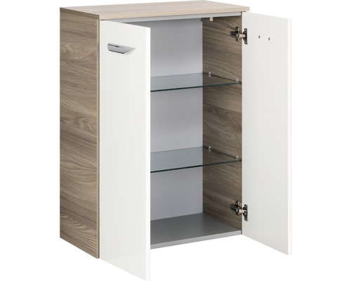 Meuble de salle de bain ouvert avec étagères en verre