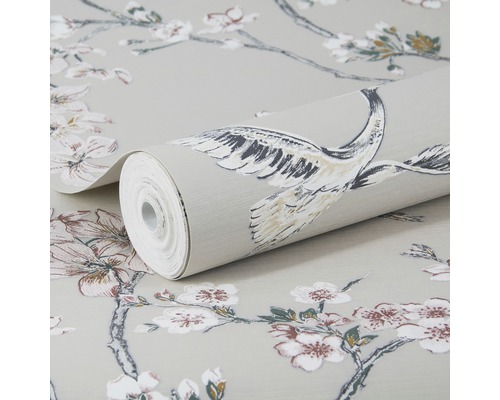 Tapetenrolle mit Kranich- und Blütenmuster