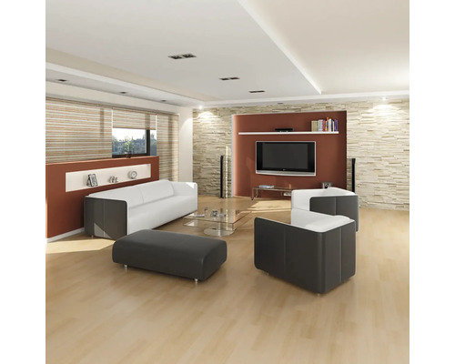 Salon lumineux avec canapé, fauteuil, tabouret, télévision et mur en pierre