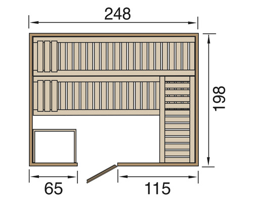 Grundriss einer Sauna mit den Massen 248 x 198 x 65 x 115 cm
