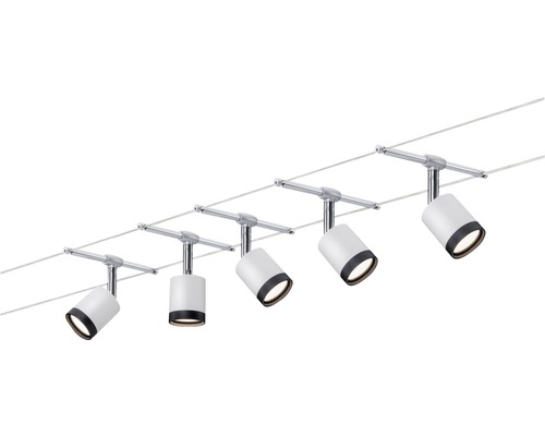 Fünfstrahlige Seilsystemleuchte mit weißen zylindrischen Strahlern