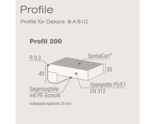 Profilé 200 pour décors Basic, dimensions 40 x 20 millimètres et rayon de 9,3 millimètres