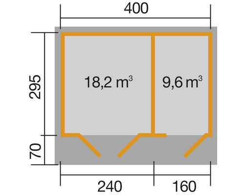 Grundrisszeichnung mit Massen eines Gartenhauses