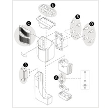 Schéma éclaté d''une station de nettoyage avec différents composants et éléments de fixation.