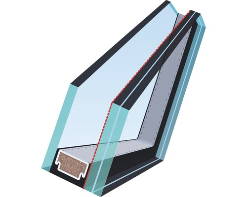 Vue en coupe d''une construction de fenêtre avec vitrage multiple et matériau isolant.