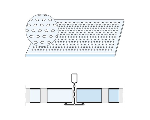 Image d''un plafond acoustique avec motif perforé et fixation au plafond.