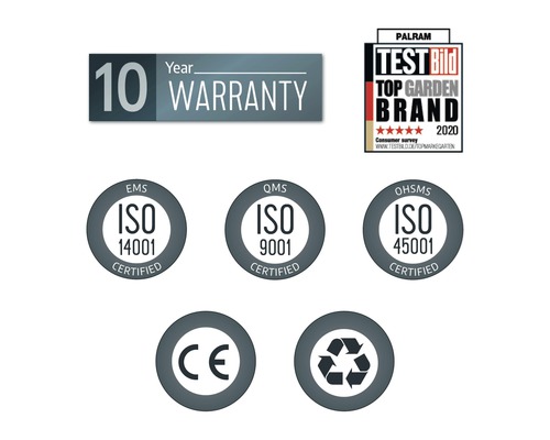 Garantie de dix ans, label de qualité meilleure marque de jardin, ISO 14001, ISO 9001, ISO 45001, marquage CE, symbole de recyclage