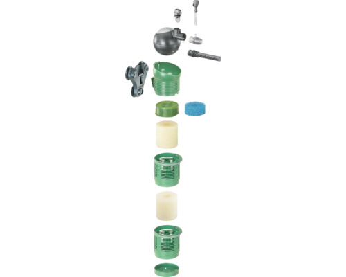 Vue éclatée d''un filtre de bassin avec divers médias filtrants et accessoires.