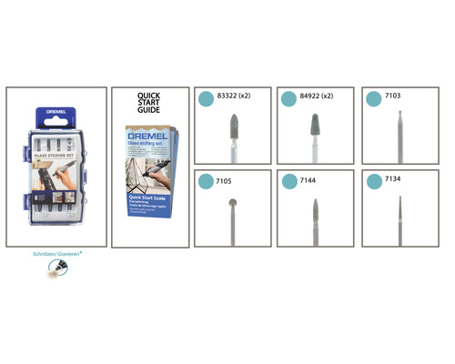 Kit de gravure sur verre Dremel avec guide de démarrage rapide et divers accessoires