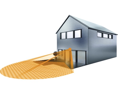 Illustration eines Hauses mit einem Bewegungsmelder, der einen bestimmten Bereich abdeckt.