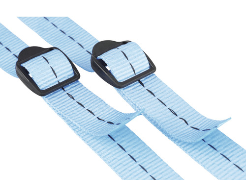 Zwei hellblaue Gepäckgurte mit schwarzen Schnallen