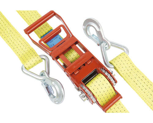 Gelber Spanngurt mit Ratsche und Haken zur Ladungssicherung