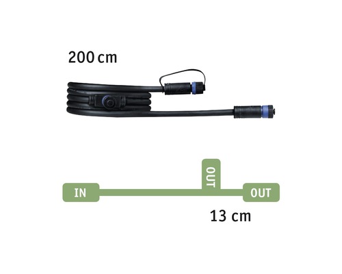 Câble d''alimentation avec connecteurs et indications de dimensions 200 cm et 13 cm