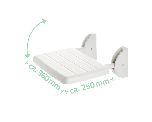 Klappbarer Duschsitz mit circa 360 mm Breite und 250 mm Tiefe