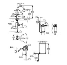 Technische Zeichnung einer Küchenarmatur mit Maßen