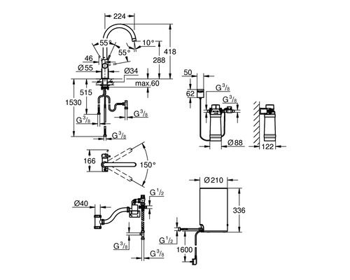 Technische Zeichnung einer Küchenarmatur mit Maßen