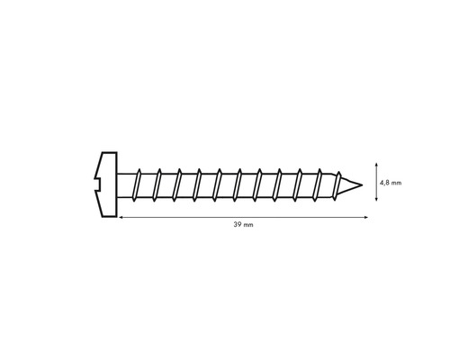 Zeichnung einer 39 Millimeter langen Schraube mit einem Durchmesser von 4,8 Millimetern