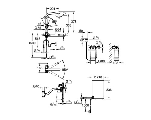 Technische Zeichnung einer Armatur mit Abmessungen