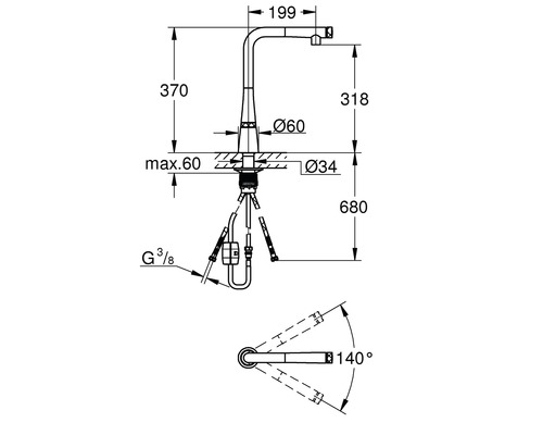 Dessin technique d''un robinet de cuisine avec dimensions