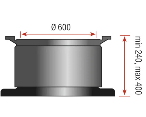 Technische Zeichnung eines Behälters mit Durchmesser 600 und einer variablen Höhe von 240 bis 400.