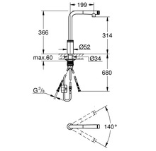 Technische Zeichnung einer Küchenarmatur mit Maßangaben
