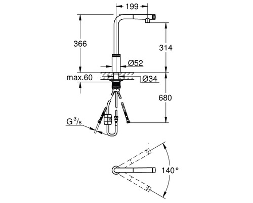 Schéma technique d''un robinet de cuisine avec dimensions