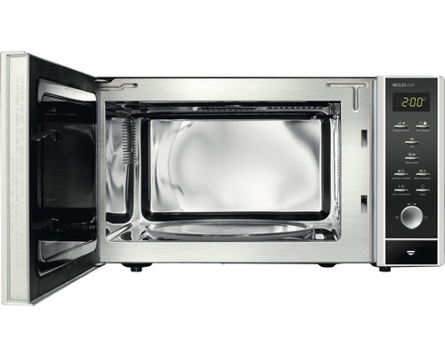 Micro-ondes avec porte ouverte, plateau tournant et panneau de commande