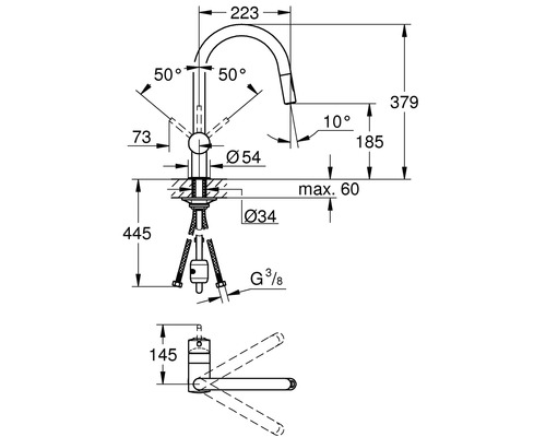 Dessin technique d''un robinet de cuisine avec dimensions