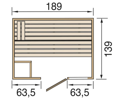 Plan d''une sauna avec les dimensions 189 x 139 x 63,5 cm