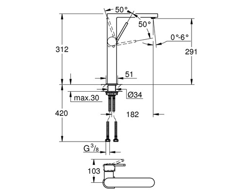 Technische Zeichnung einer Armatur mit Maßangaben