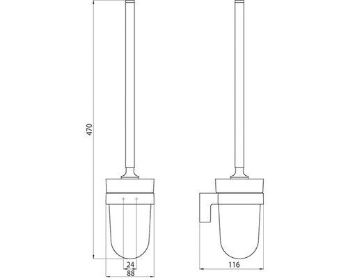 Schéma d''une brosse de toilette avec support et indications de dimensions