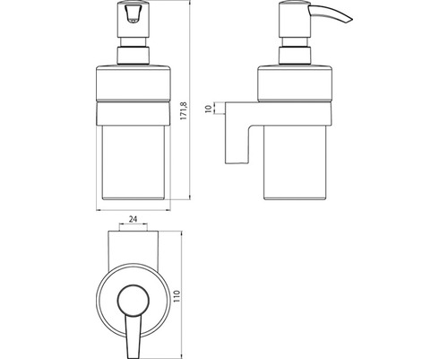Technische Zeichnung eines Seifenspenders mit Maßangaben