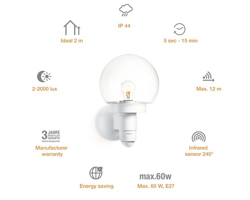 Wandleuchte mit Bewegungsmelder, ideal für 2 Meter Höhe, IP44, 5 Sekunden bis 15 Minuten Leuchtdauer, 2 bis 2000 Lux, maximale Reichweite 12 Meter, Infrarotsensor 240 Grad, Herstellergarantie 3 Jahre, Energiesparen, maximal 60 Watt, E27